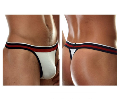 Doreanse 1218-wht metro thong in white with a red and navy blue striped waistband shown from the front side