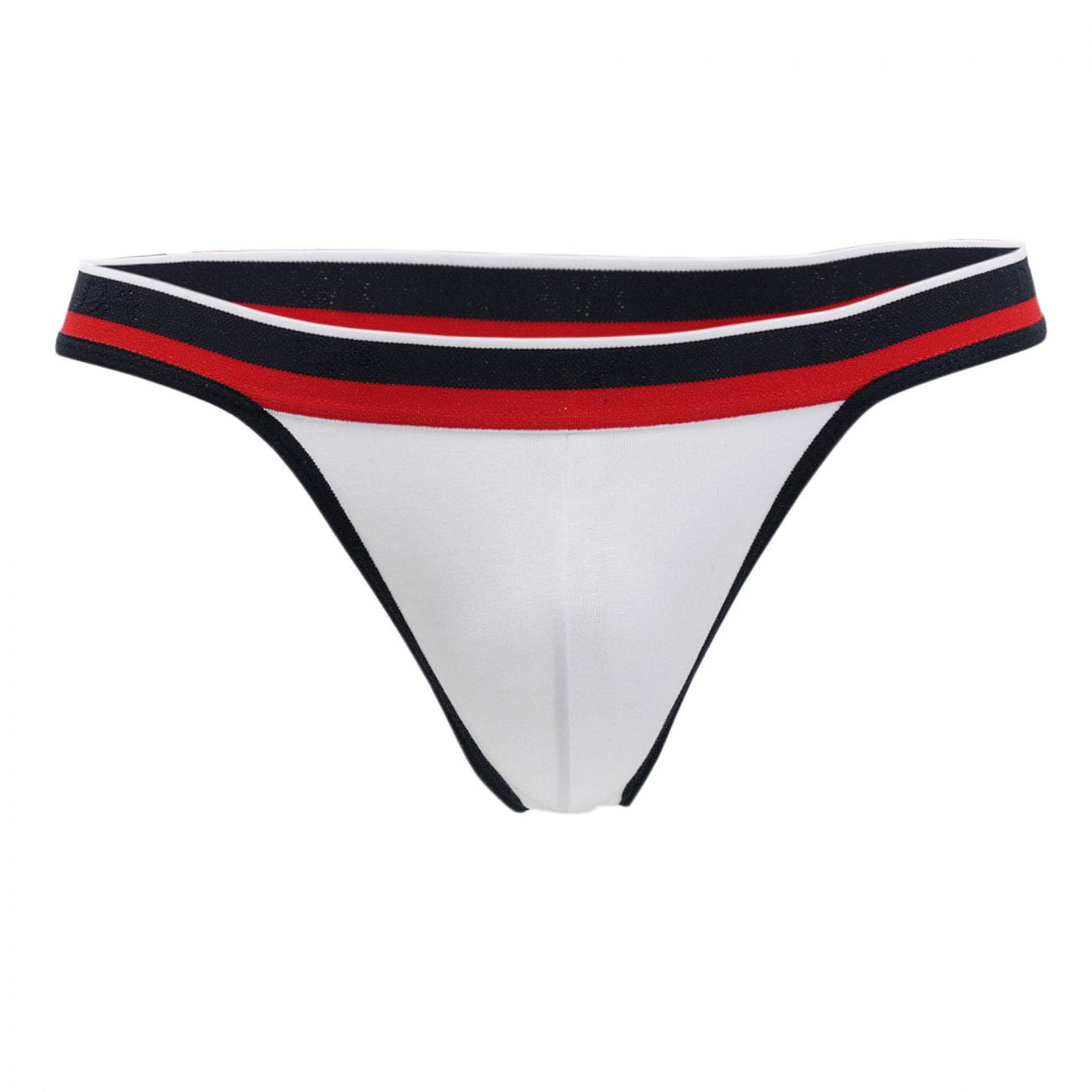 Doreanse 1218-WHT metro thong white with black red and white striped waistband front view microfiber fabric
