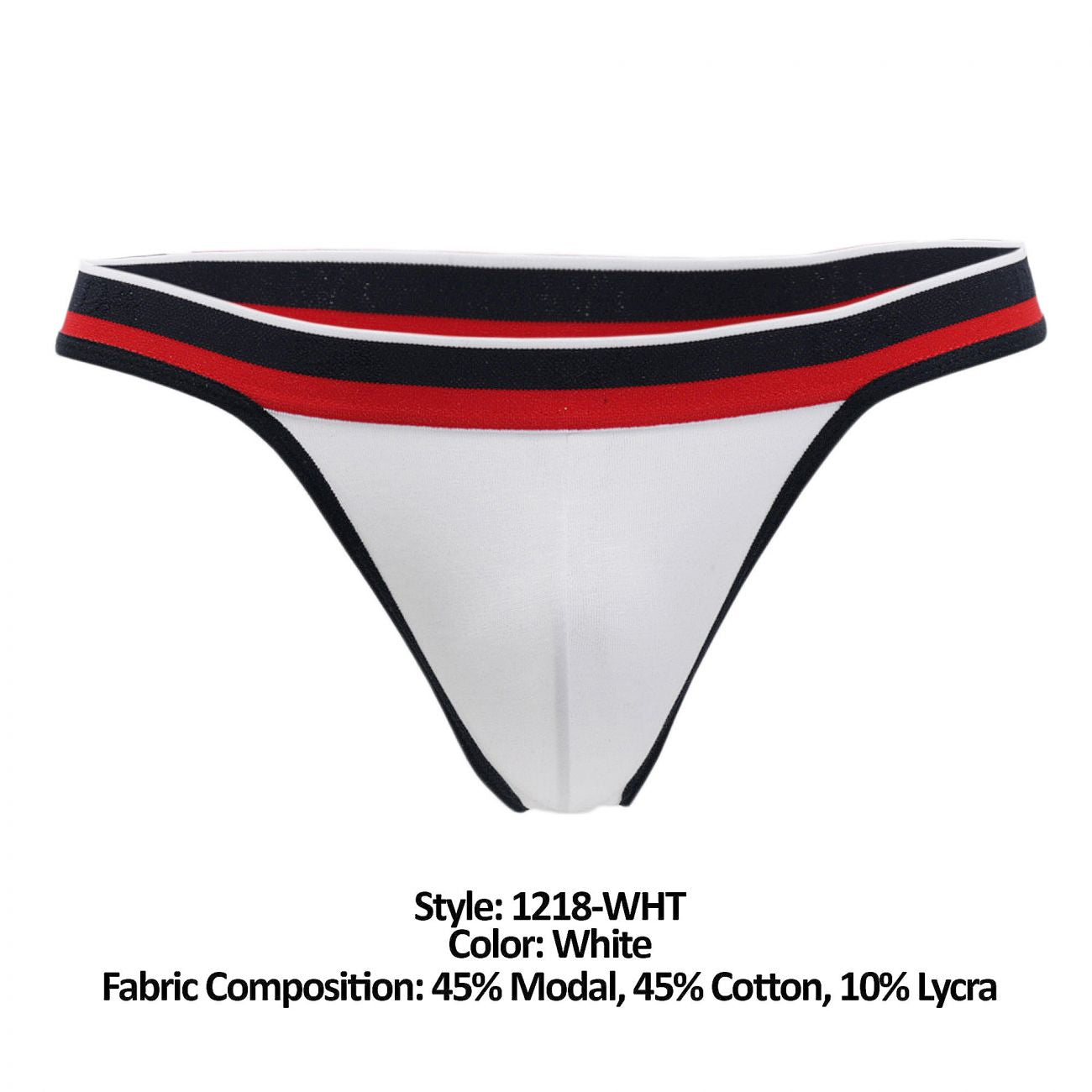 White thong with black white and red striped waistband made of 45 modal 45 cotton and 10 lycra doreanse 1218-wht metro thong