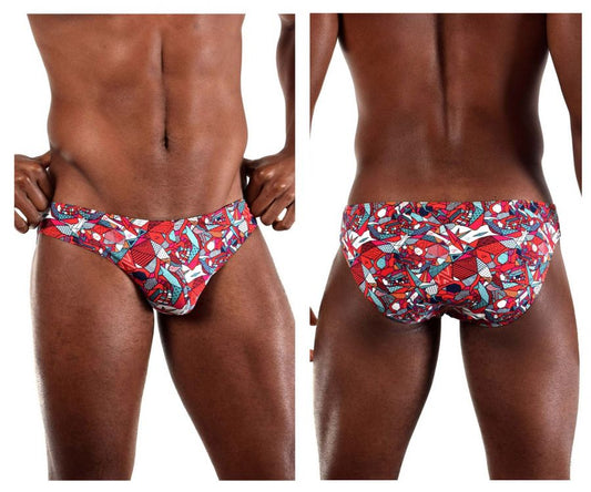Doreanse 1243-PRN pop art bikini color printed men’s swim trunks with vibrant red blue and white graphic pattern