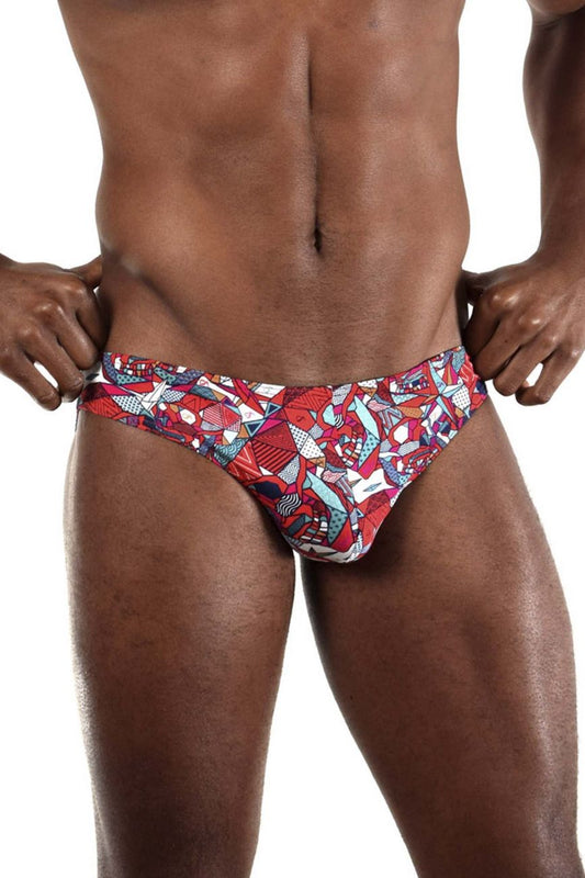 Vibrant red blue and white geometric-patterned Doreanse 1243-PRN pop art bikini color printed men’s swim trunks