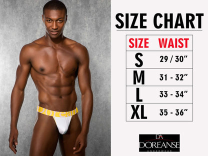 White briefs with bright yellow elastic waistband and doréanse brand name in bold black lettering navy blue bikini brief