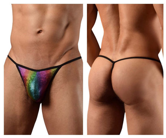 Doreanse 1300-RBW disco thong featuring rainbow sequins with black trim for vibrant party wear