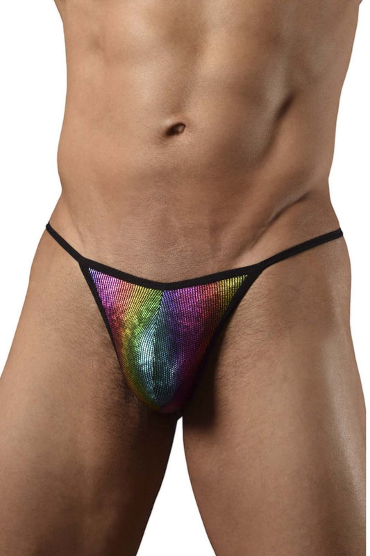 Doreanse 1300-RBW disco thong in rainbow sequins with black trim showing the front side of the product