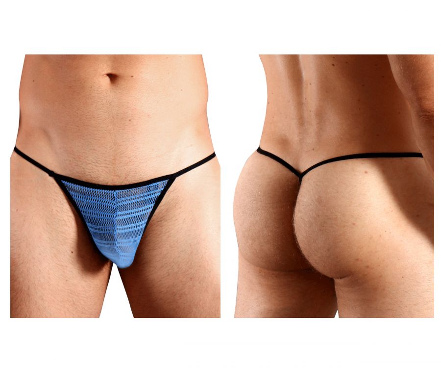 Doreanse 1306-blu mesh g-string thong in blue with black trim showcasing breathable mesh fabric design