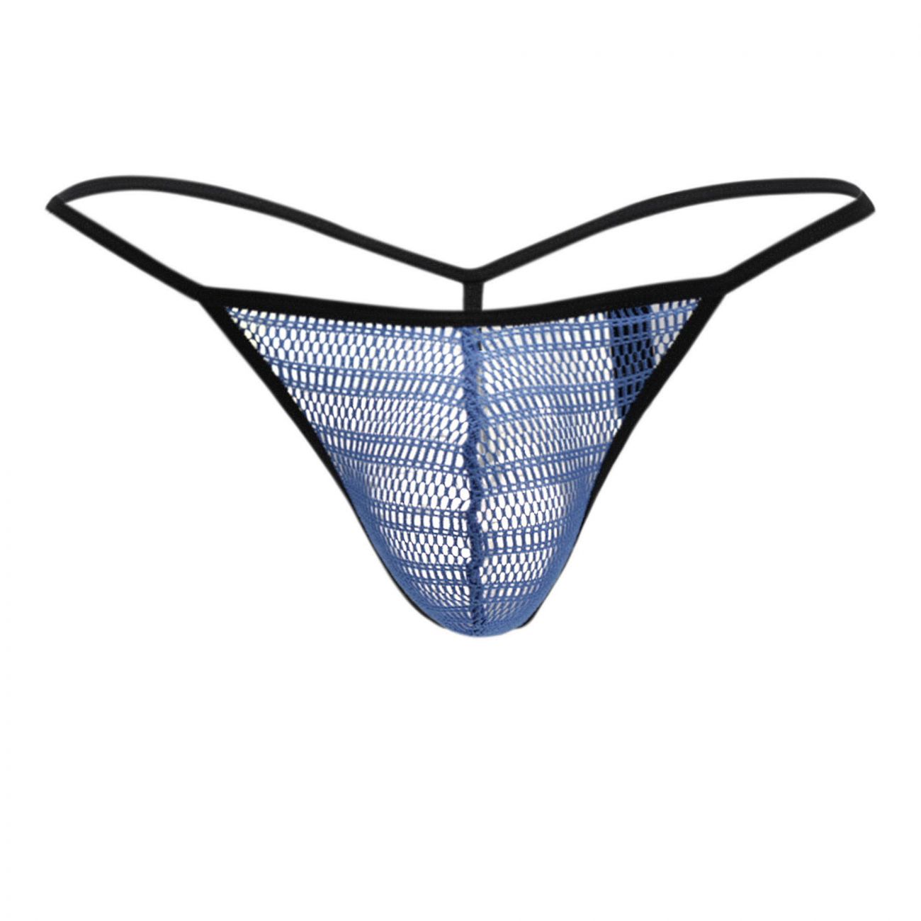 Doreanse 1306-blu mesh g-string thong in blue with black trim showing breathable mesh fabric front view