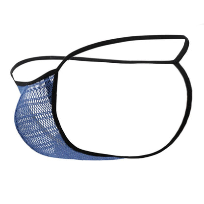 Doreanse 1306-BLU men’s mesh g-string thong in blue with black elastic trim showing the back side