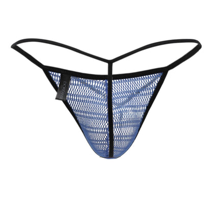 Doreanse 1306-BLU blue mesh g-string thong with black trim and brand tag showcasing front view