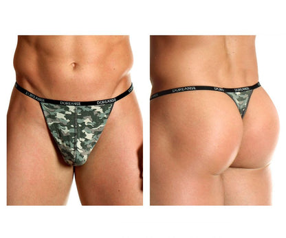 Doreanse 1312-prn camouflage thong in green and black pattern with black elastic waistband, front view