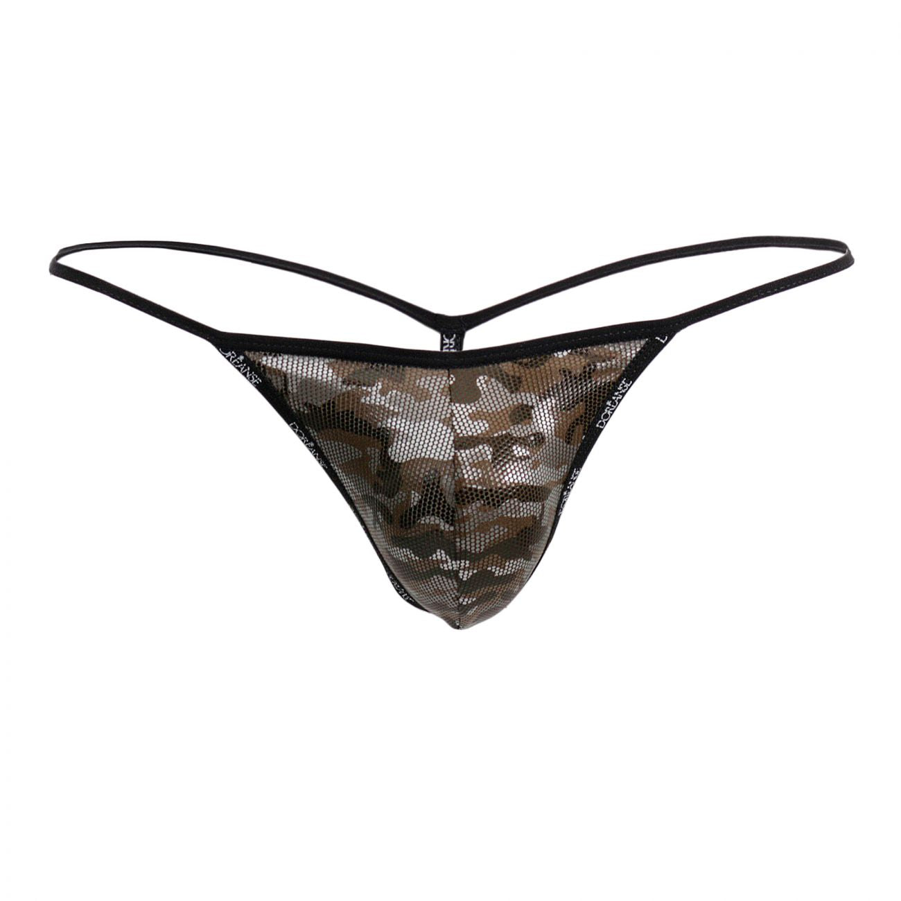 Black mesh thong g-string with camouflage pattern from doreanse 1326-cam flashy camotech series front view