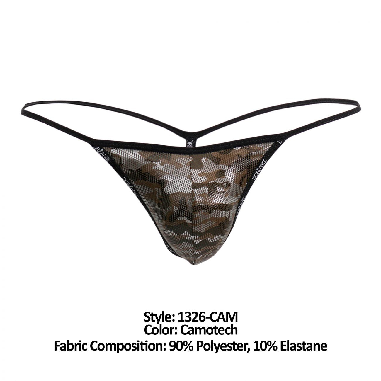Doreanse 1326-CAM flashy g-string in black and camouflage mesh with thin elastic straps shown from the back side