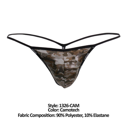Doreanse 1326-CAM flashy g-string in black and camouflage mesh with thin elastic straps shown from the back side
