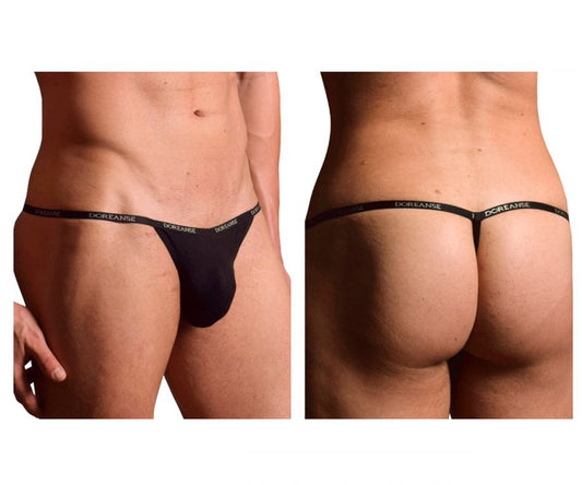 Black doreanse 1330-BLK ribbed modal thong with narrow waistband and white brand name lettering front view