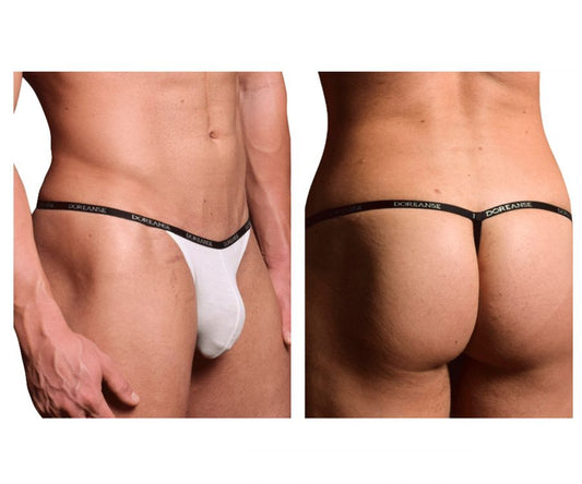 White doreanse 1330-wht ribbed modal thong with black elastic waistband featuring repeating brand logo text