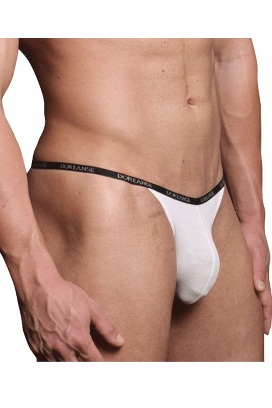White doreanse ribbed modal thong with black elastic waistband featuring repeating brand logo in white color