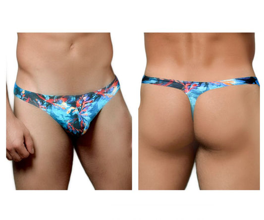 Doreanse 1341-prn deep sea thong in vibrant blue and orange tropical leaf pattern made of stretchy fabric
