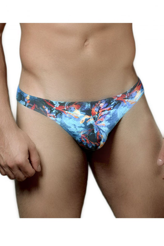Doreanse 1341-prn deep sea thong color printed blue and orange floral patterned men’s briefs front view