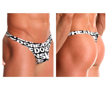 Black and white patterned men’s thong with bold repeating doreanse logo print in comfortable fabric