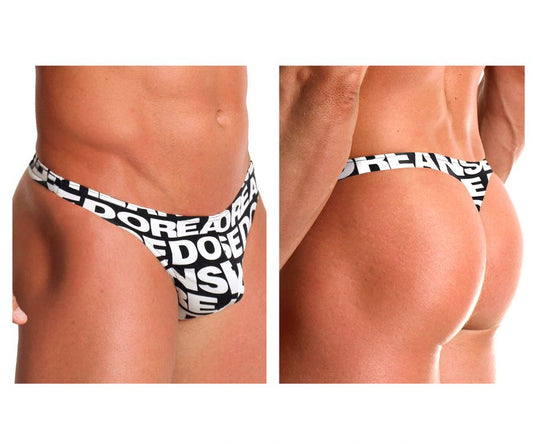 Black and white patterned men’s thong with bold repeating doreanse logo print in comfortable fabric