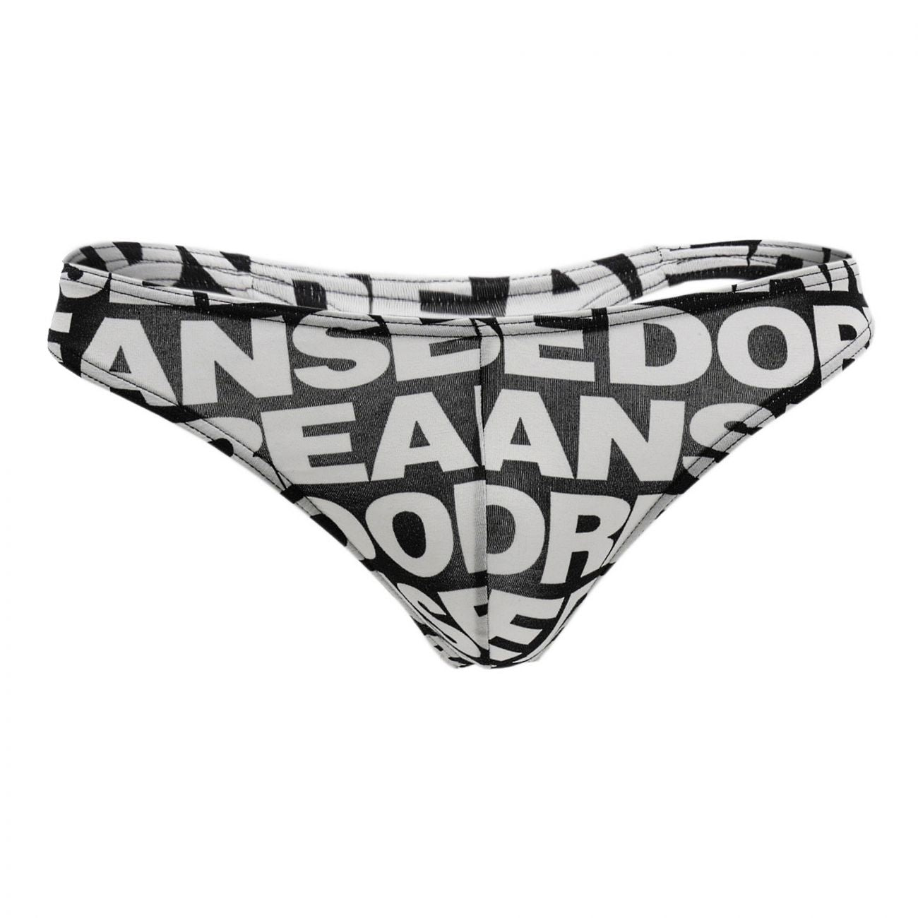 Black and white printed men’s briefs with bold overlapping typography from doreanse 1369-prn big logo thong color printed