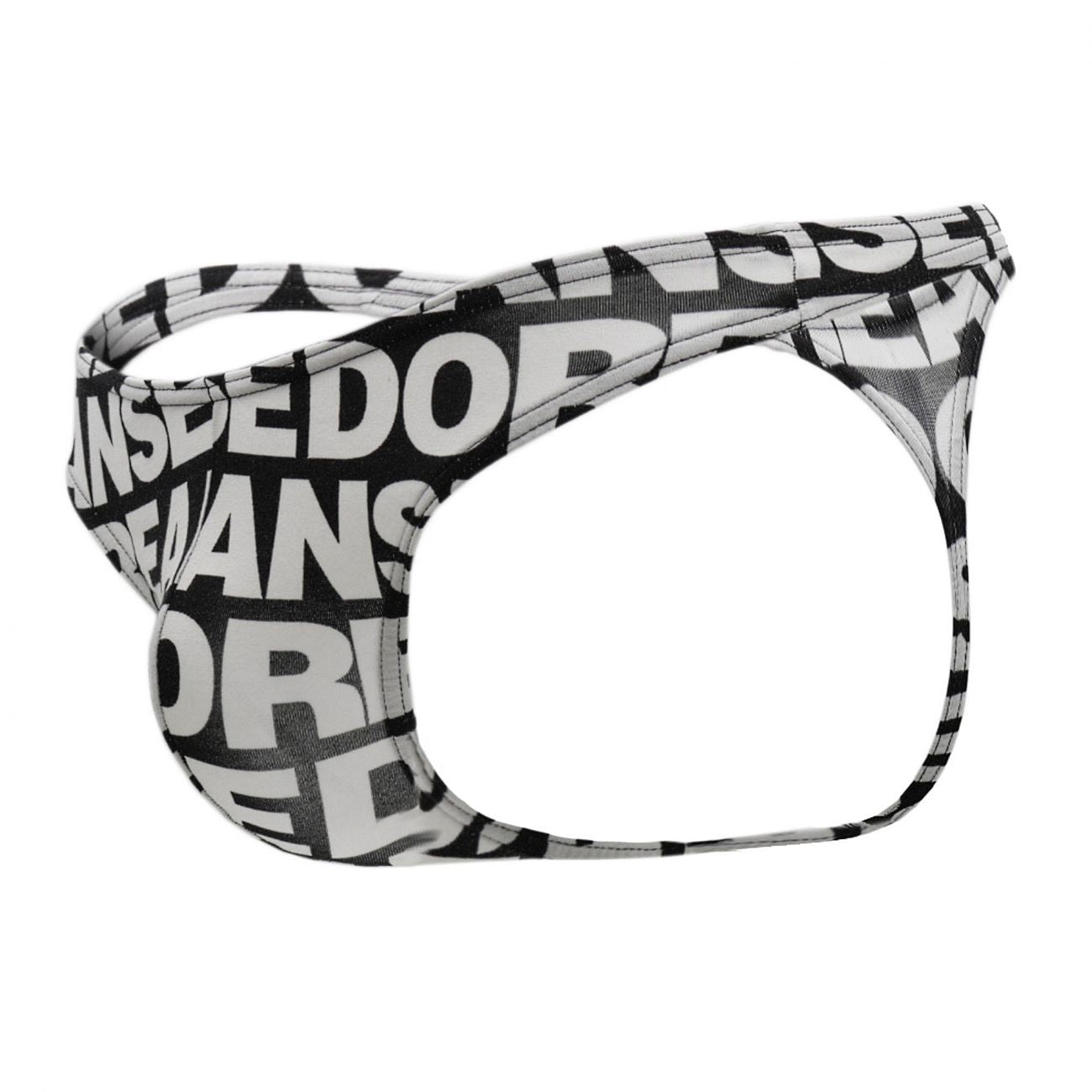 Black and white graphic-patterned men’s briefs with bold overlapping text design doreanse 1369-prn big logo thong color printed
