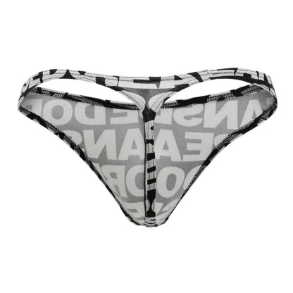 Black and white patterned Doreanse 1369-PRN big logo thong with bold mirrored text design front view