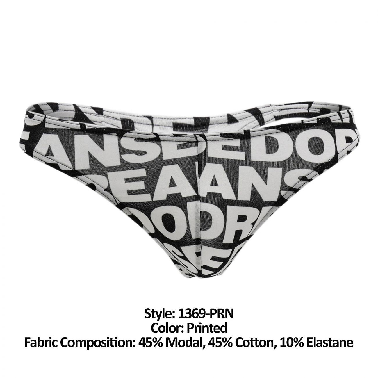 Doreanse 1369-prn big logo thong color printed black and white briefs with bold overlapping text design