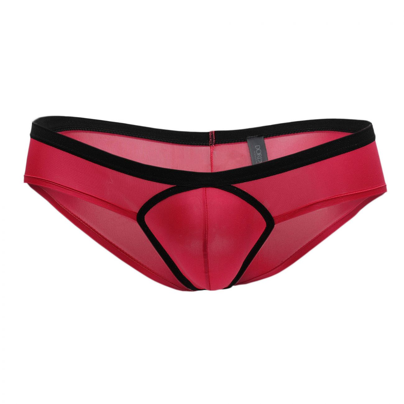 Doreanse 1377-fuc boost cheeky brief in red sheer fabric with black elastic waistband and trim for men