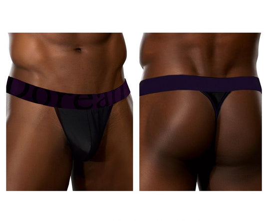 Black micromodal thong with wide dark purple elastic waistband featuring doreanse branding in matching lettering