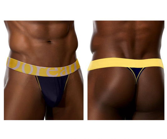Navy blue micromodal thong with bright yellow waistband featuring doreanse branding in white letters
