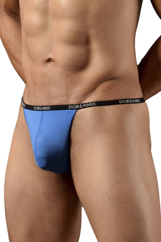 Blue doreanse 1390-BLU Aire thong with cobalt blue fabric and black elastic waistband shown from the back side