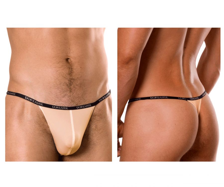 Beige doreanse 1390-tan aire thong with black elastic waistband featuring repeating brand logo in tan color