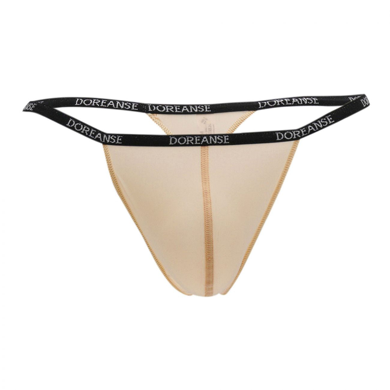 Beige doreanse 1390-tan aire thong with black elastic waistband featuring repeating white brand logo