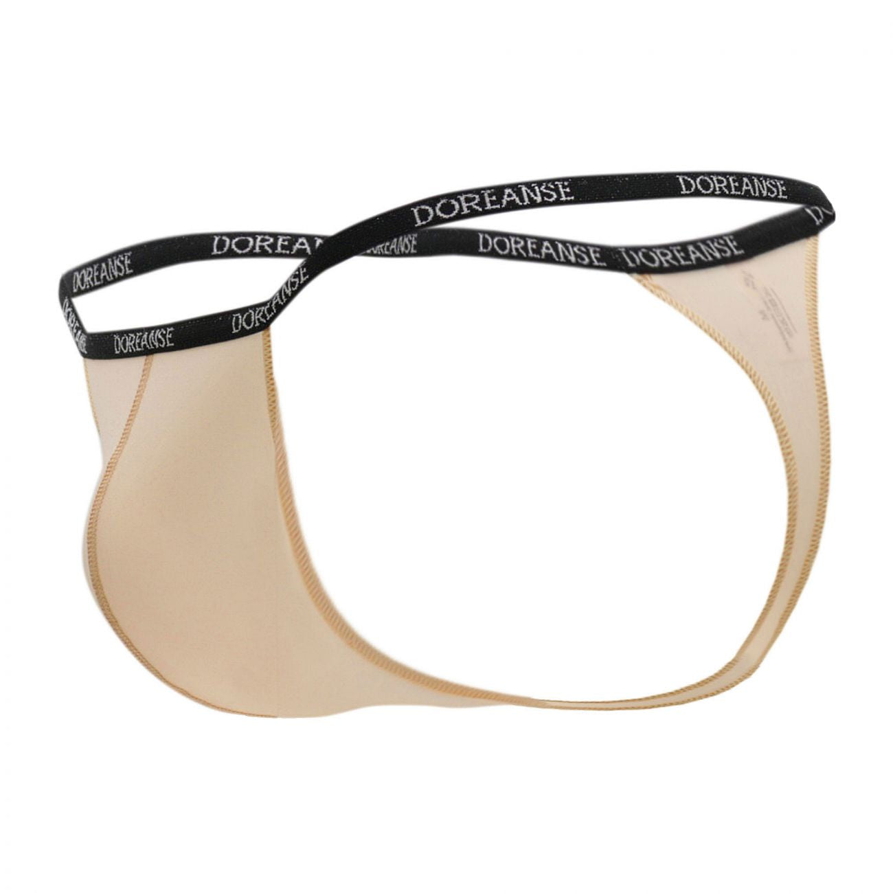 Beige Doreanse 1390-TAN Aire thong with black elastic waistband and white brand lettering front view