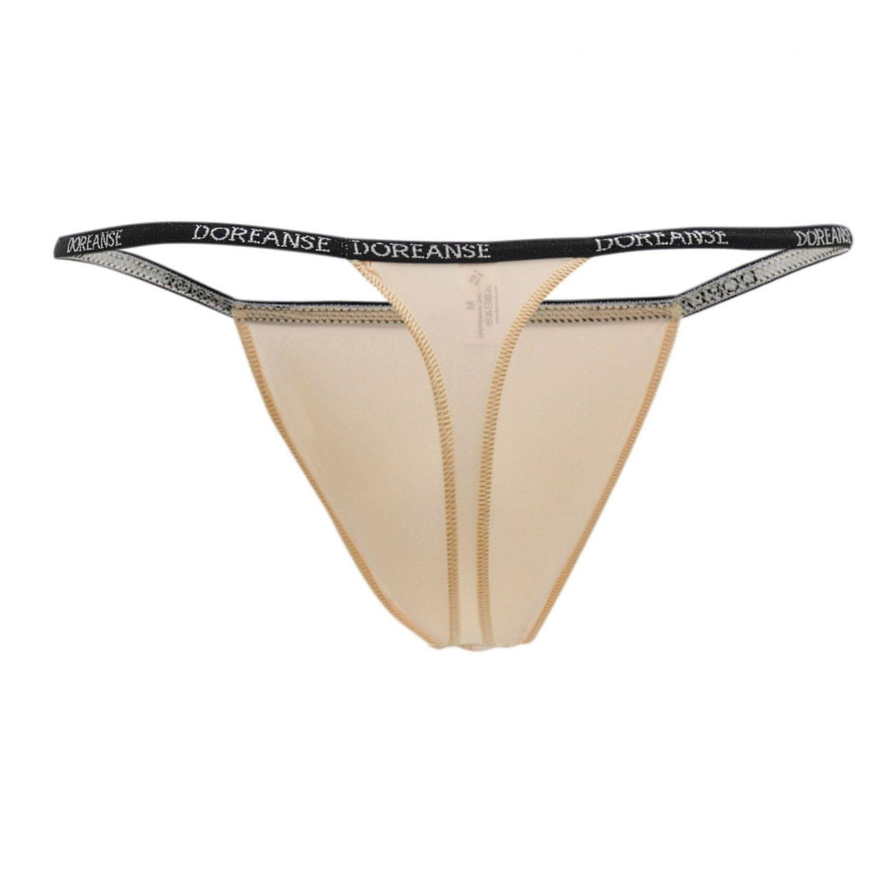 Beige doreanse 1390-tan aire thong with black elastic waistband featuring white brand name lettering in tan color