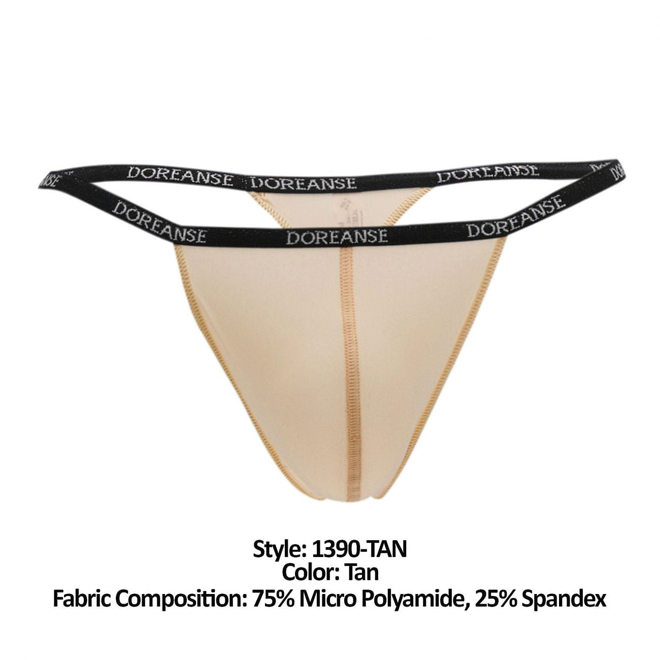 Tan doreanse 1390-TAN aire thong with black elastic waistband featuring doreanse brand name in white lettering