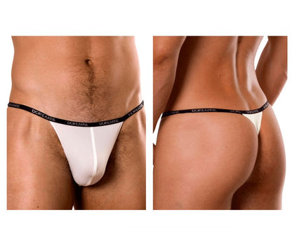 White doreanse 1390-WHT aire thong with black elastic waistband featuring repeating brand logo design