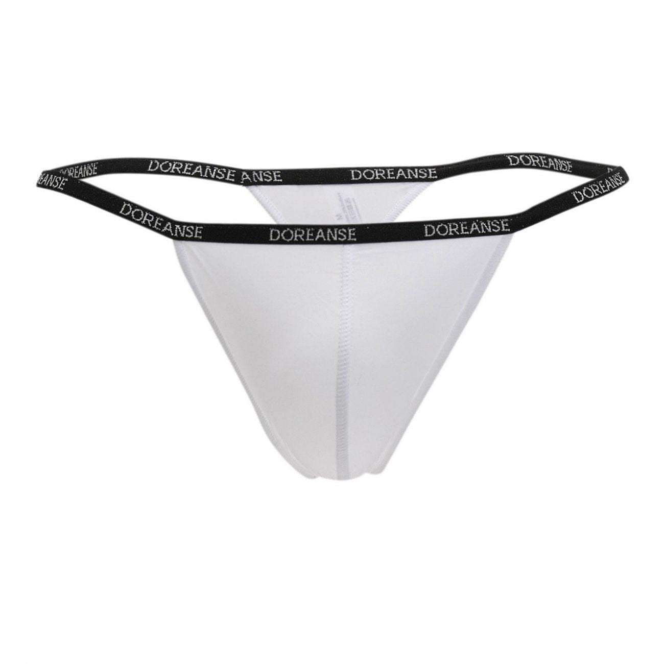 White doreanse 1390-wht aire thong with black elastic waistband featuring doreanse branding in white lettering