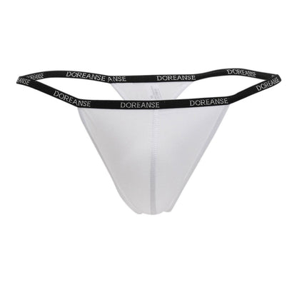White doreanse 1390-wht aire thong with black elastic waistband featuring doreanse branding in white lettering