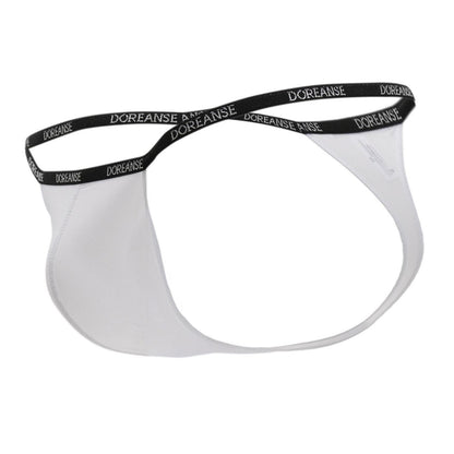 White doreanse 1390-WHT aire thong jockstrap with black elastic waistband featuring repeating doreanse text
