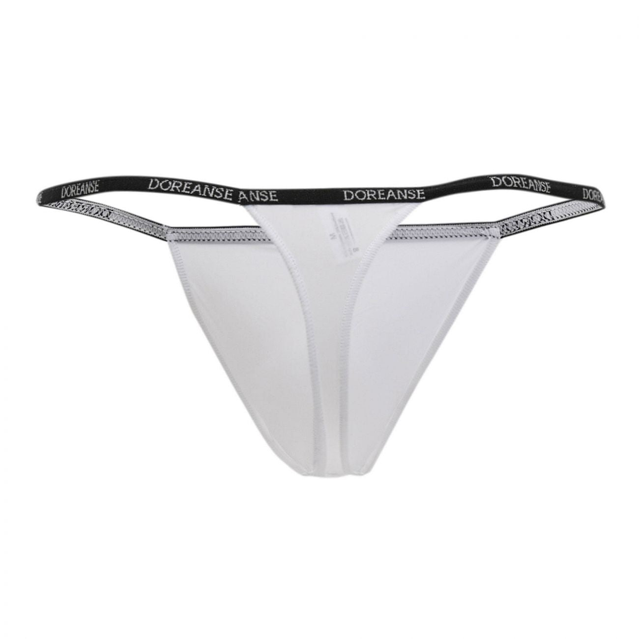 White doreanse 1390-wht aire thong with black elastic waistband and silver brand name lettering visible from the back