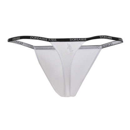 White doreanse 1390-wht aire thong with black elastic waistband and silver brand name lettering visible from the back