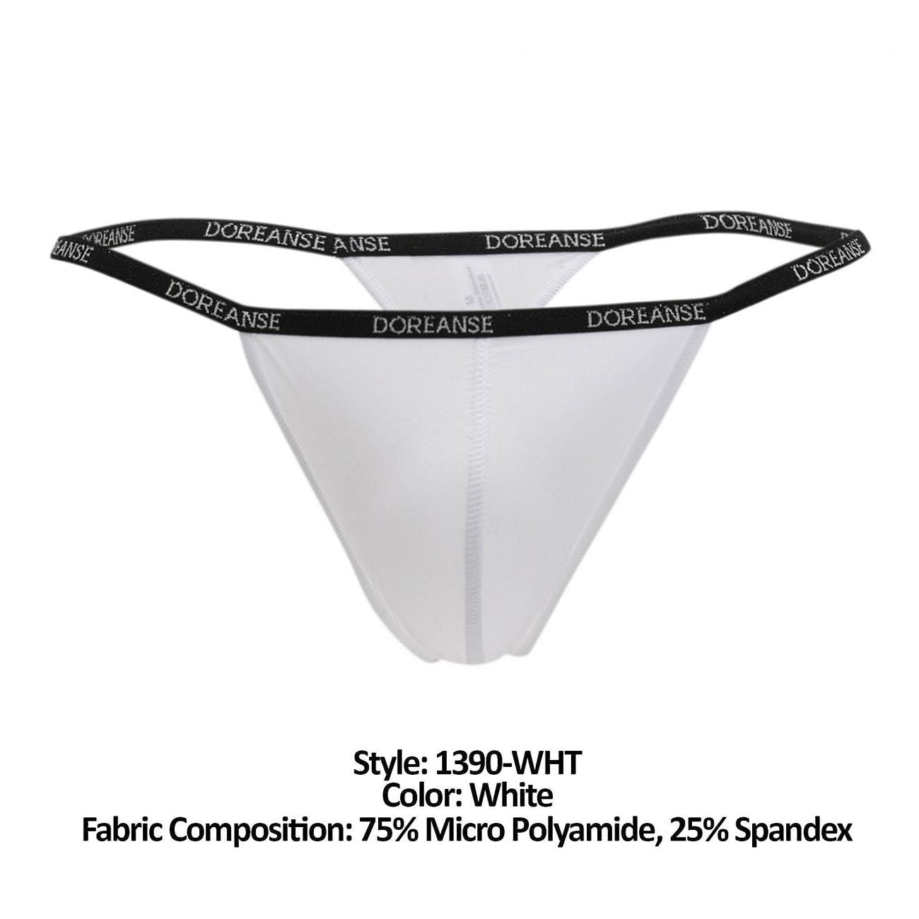 White doreanse 1390-WHT aire thong with black elastic waistband featuring repeating doreanse lettering
