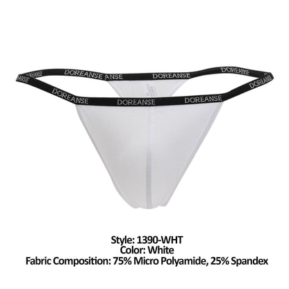 White doreanse 1390-WHT aire thong with black elastic waistband featuring repeating doreanse lettering