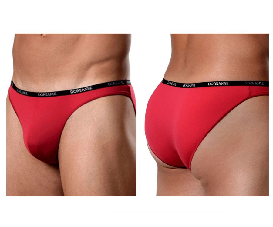 Red doreanse 1395 red aire bikini briefs with black elastic waistband featuring white brand lettering