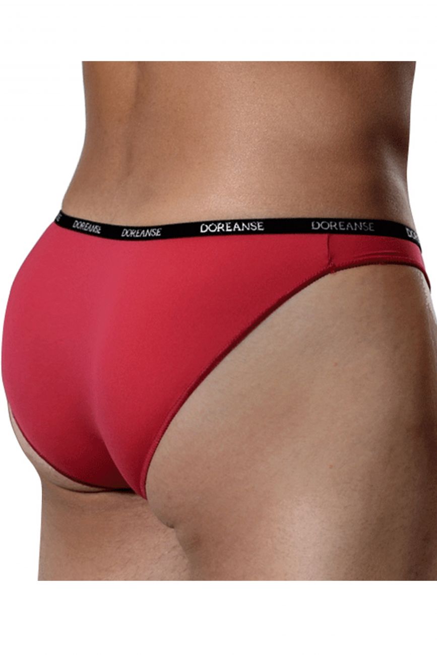 Red doreanse 1395-air bikini briefs with a black waistband featuring the brand name in white lettering