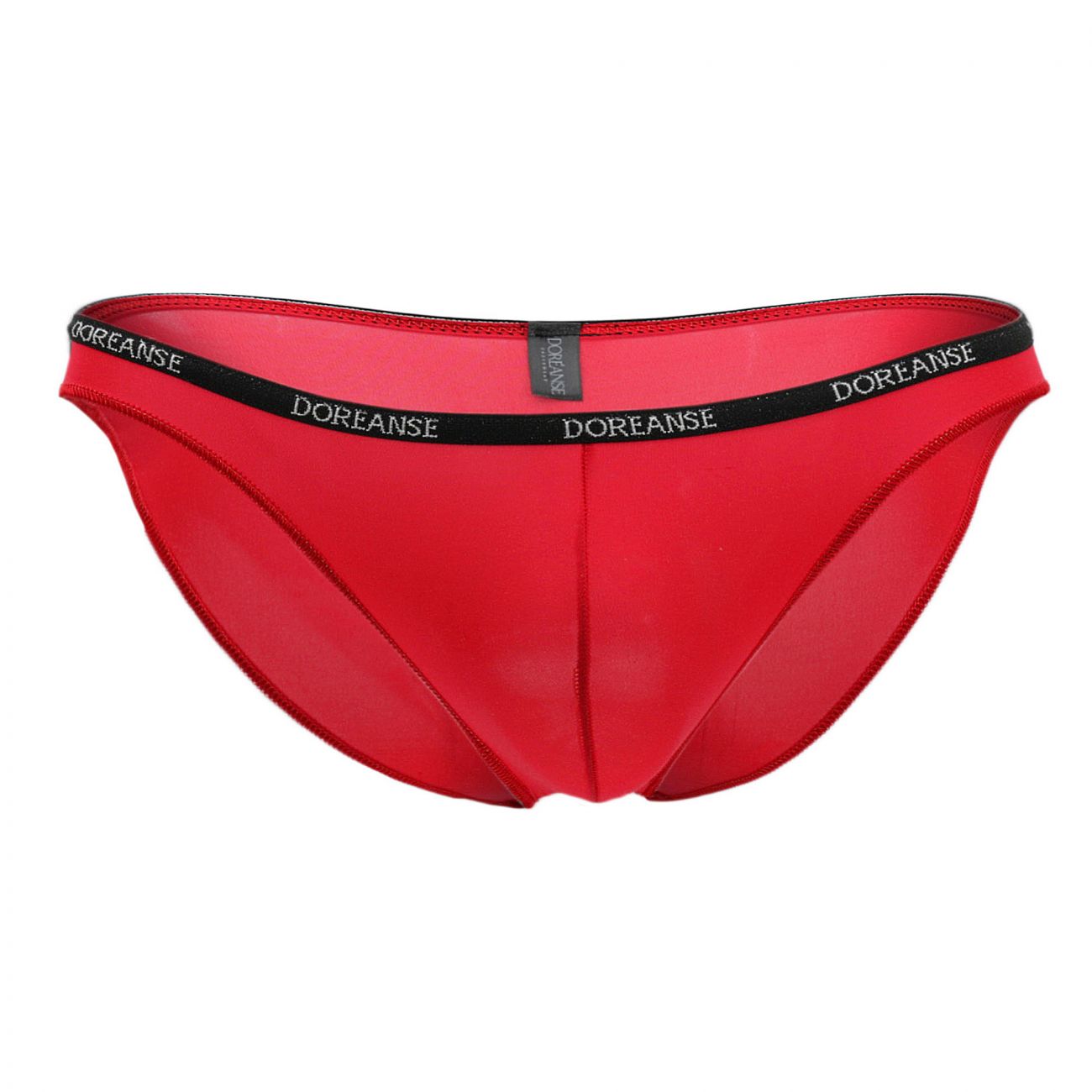 Red doreanse 1395-RED aire bikini briefs with black waistband featuring white brand name lettering in front view