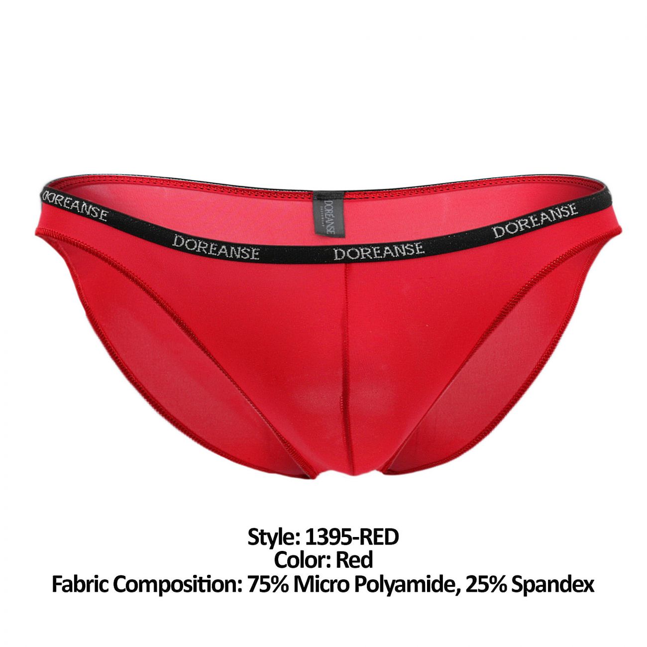 Red doreanse 1395-RED aire bikini briefs made of 75 micro polyamide and 25 spandex with black waistband and white logo