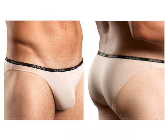 Beige doreanse 1395-tan aire bikini briefs with black waistband featuring white brand name lettering in tan color