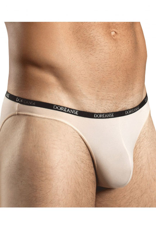 Beige doreanse 1395-tan aire bikini briefs with black elastic waistband and white brand name lettering in tan color